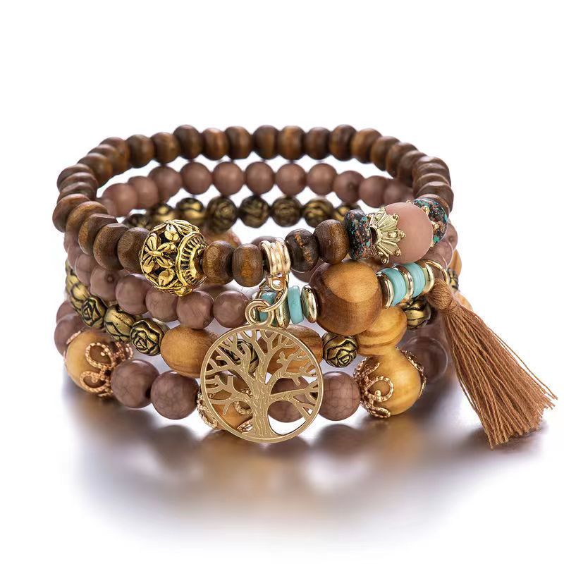 Bohemian Style Wooden Bead Beaded Elastic Bracelets