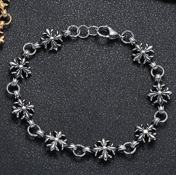 Women's & Men's Retro Titanium Steel Dice Cruciate Flower Simple Hip Hop Gold Bracelet