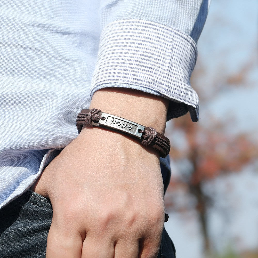 Men's Cattle Leather Alloy Woven Hand Strap Bracelet