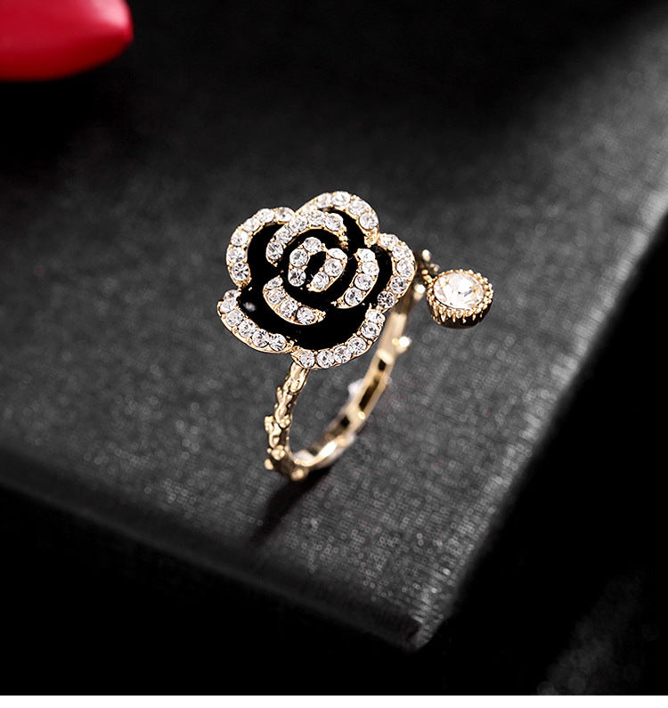Korean Style Retro Fashion Elegance Jewelry Black Flowers Openings Rings