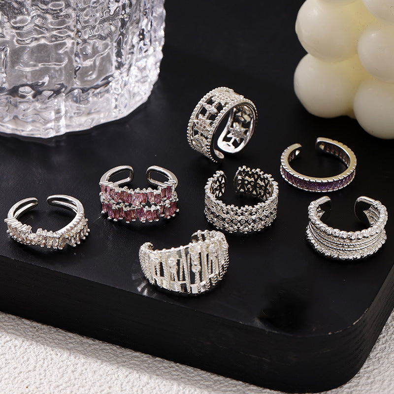 Sier Light Luxury High Sense Design Open Adjustable Zircon Ring