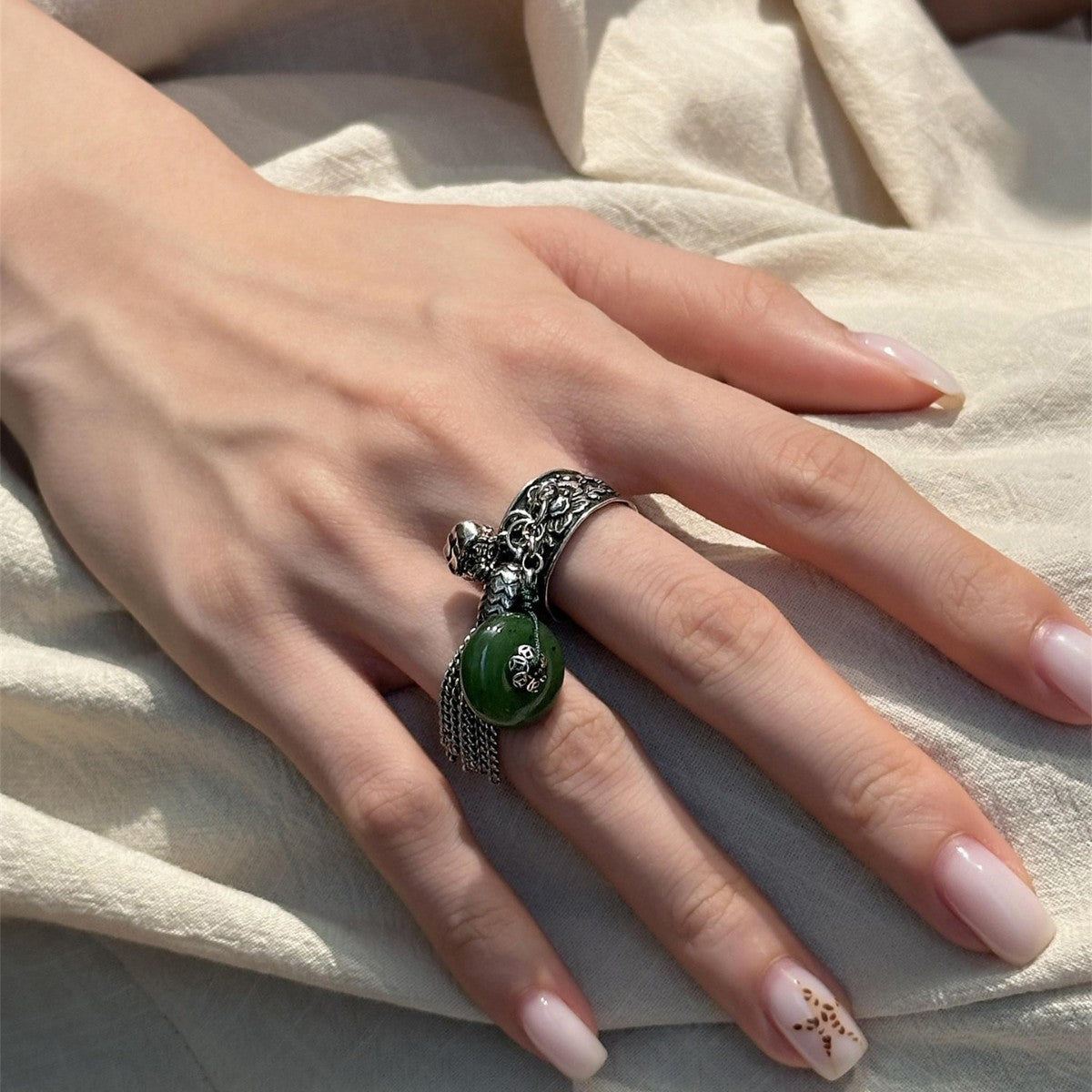 Chinese Retro Jasper Peace Buckle Female Tassel Ring