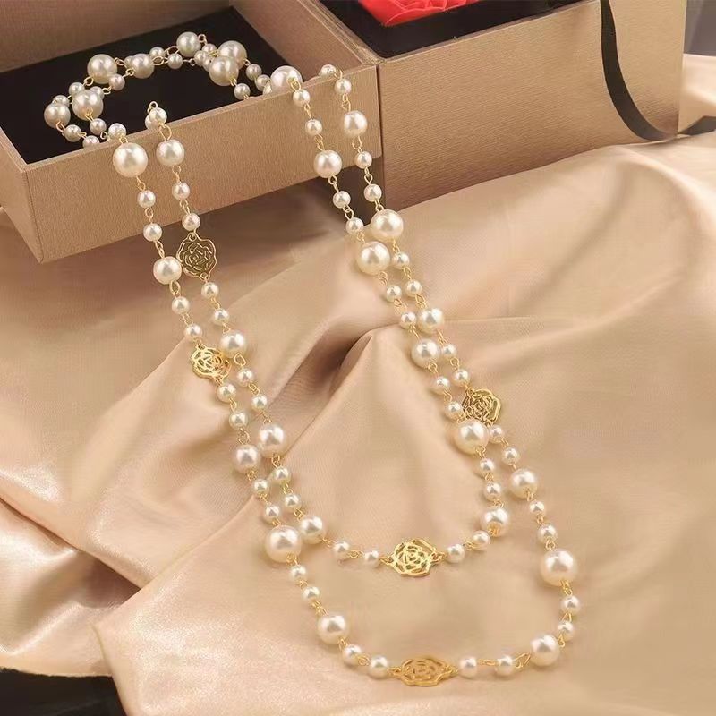 Rose Glass Pearl Stackable Long Sweater Necklaces