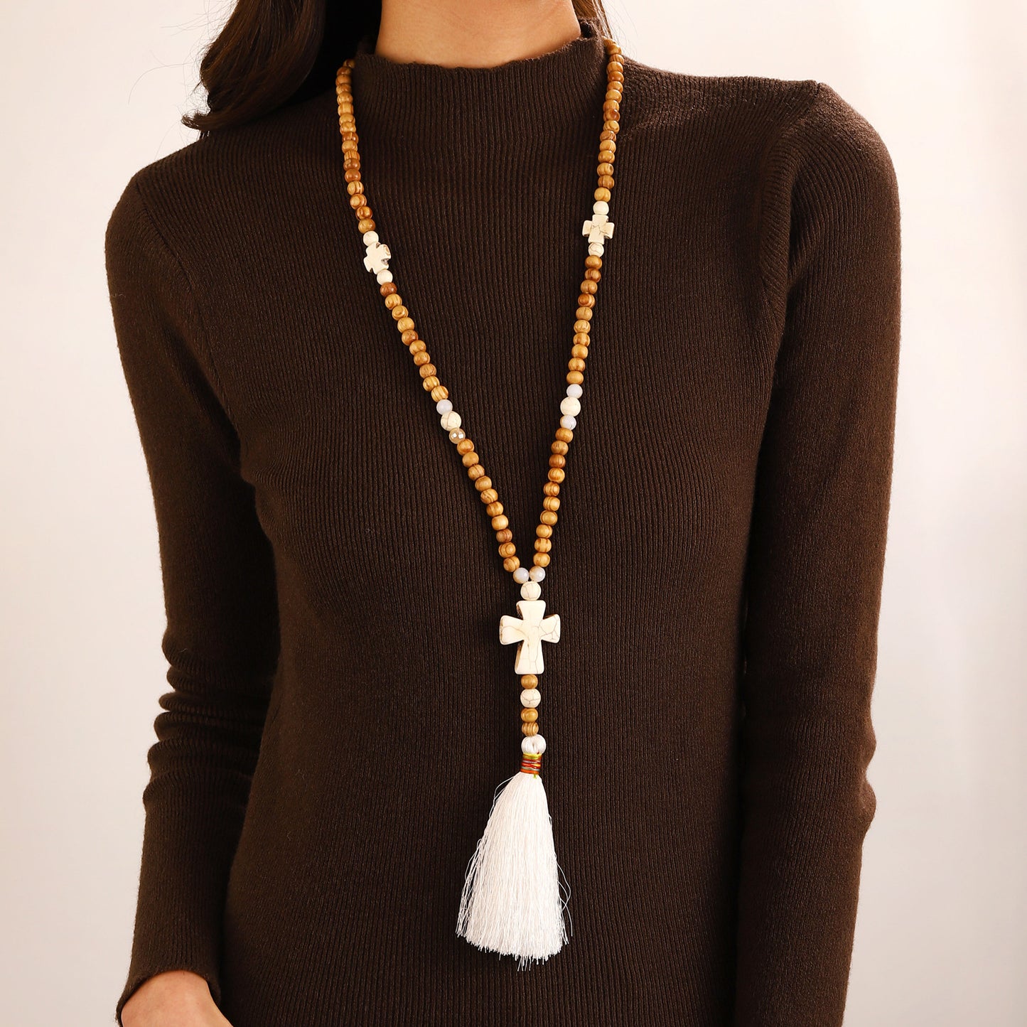 Women's Wooden Beaded Cross Love Turquoise Tassel Ethnic Style Necklaces