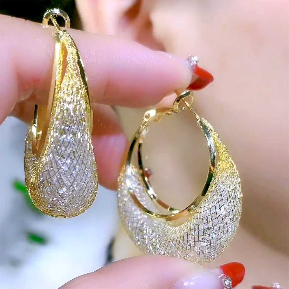 Women's Personality Mesh Zircon Hoop Elegant Fashionable Light Luxury High-grade Earrings