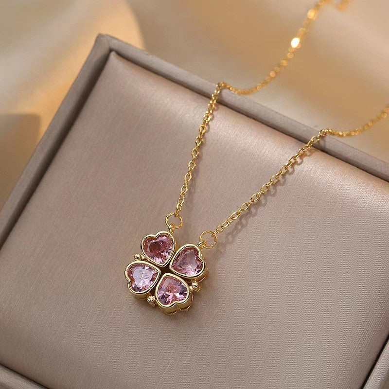 Women's Steel Cross Chain Open Close Four-leaf Flower Necklace
