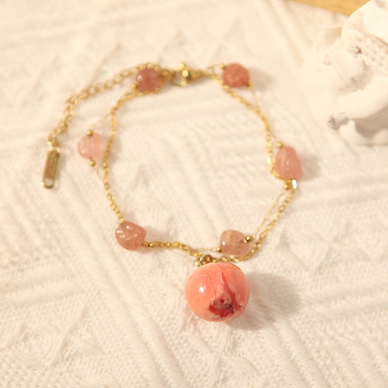 French Retro Preserved Fresh Flower Rose Pearl Design Double Layer Bracelet