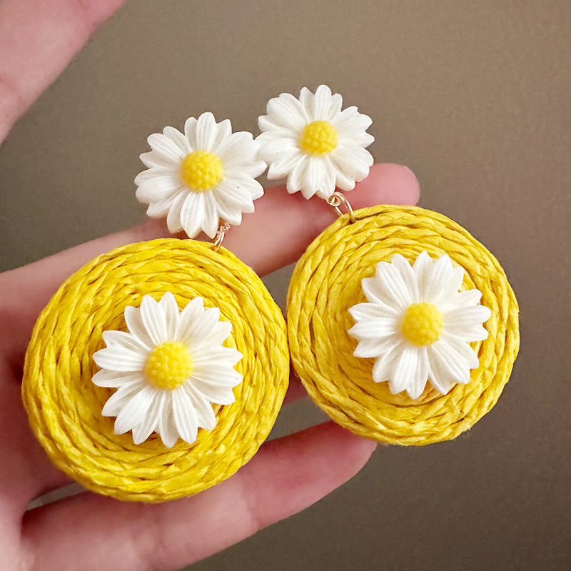 Little Daisy Flower Straw Geometric Island Seaside Earrings