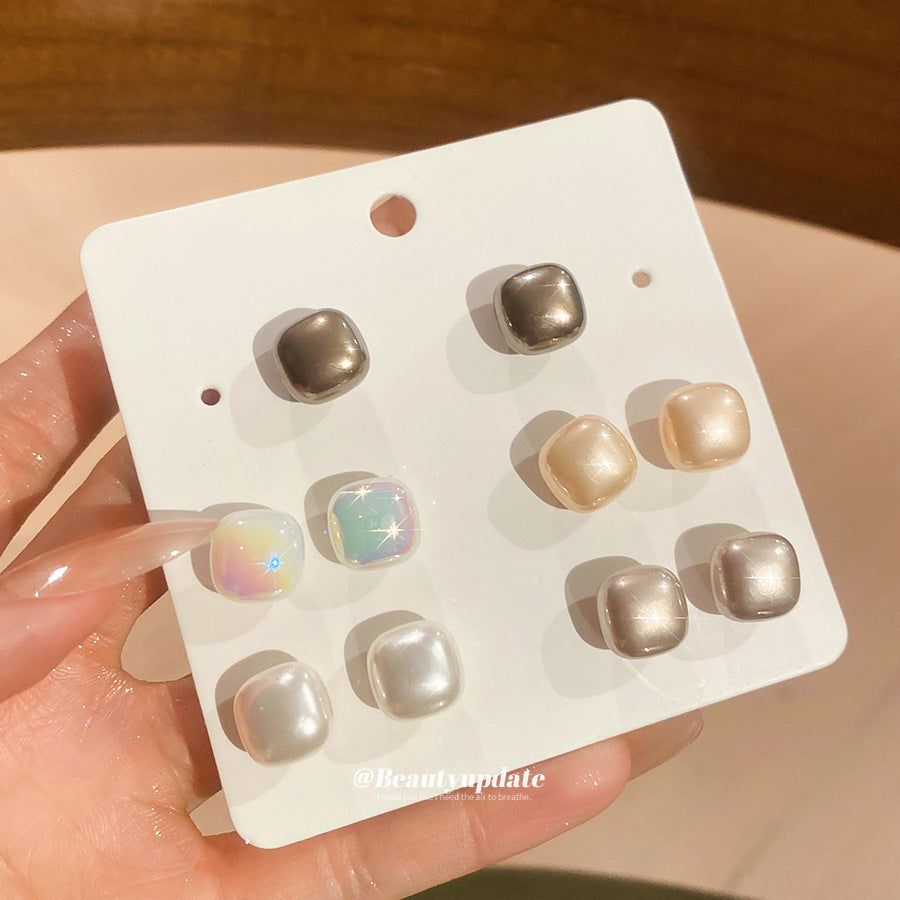Sier Needle Round Square Earings French Retro Fashion Stud Earrings