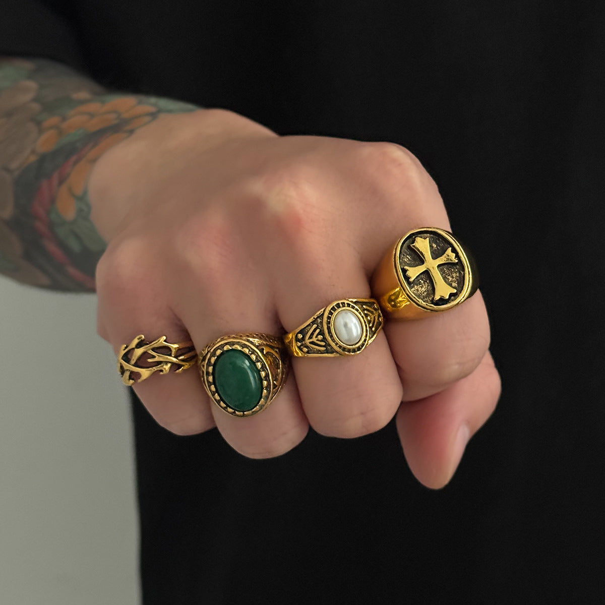 Men's Hip Hop Niche Cross Pearl Gem Ring