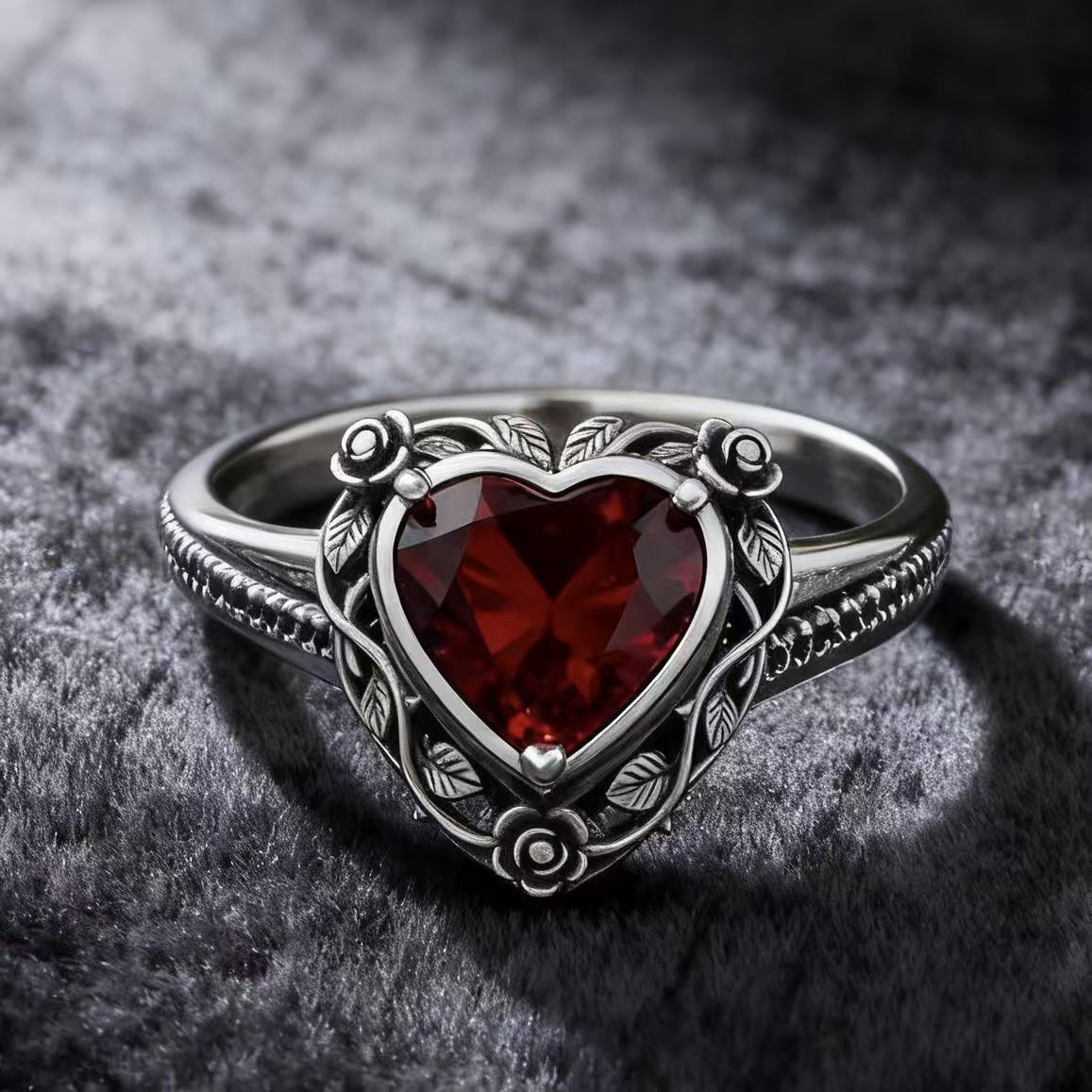 Women's Rose Red Love Heart-shaped Alloy Inlaid Rings