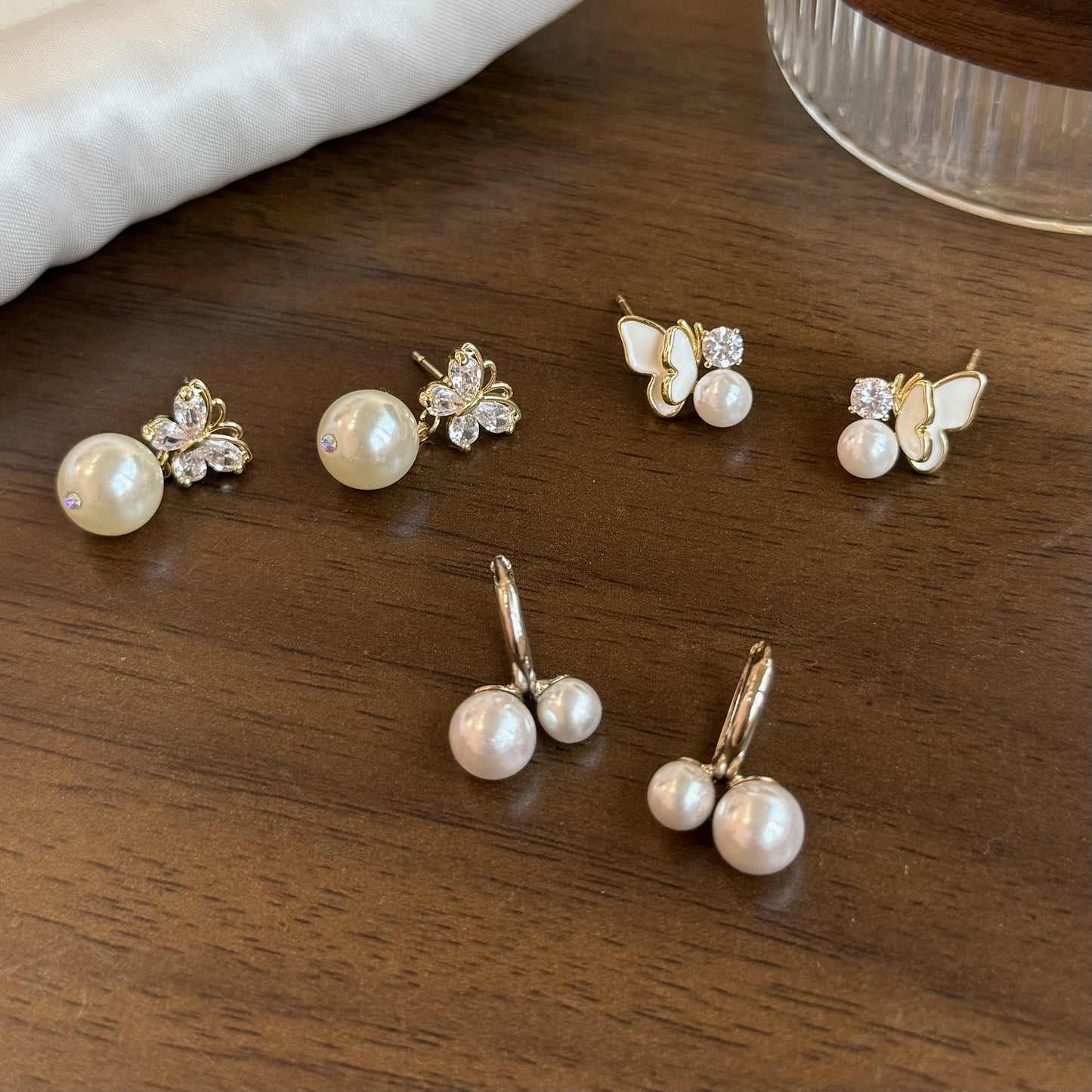 Butterfly Pearl Series Zircon Shining Drop Shaft Delicate Double Beads Earrings
