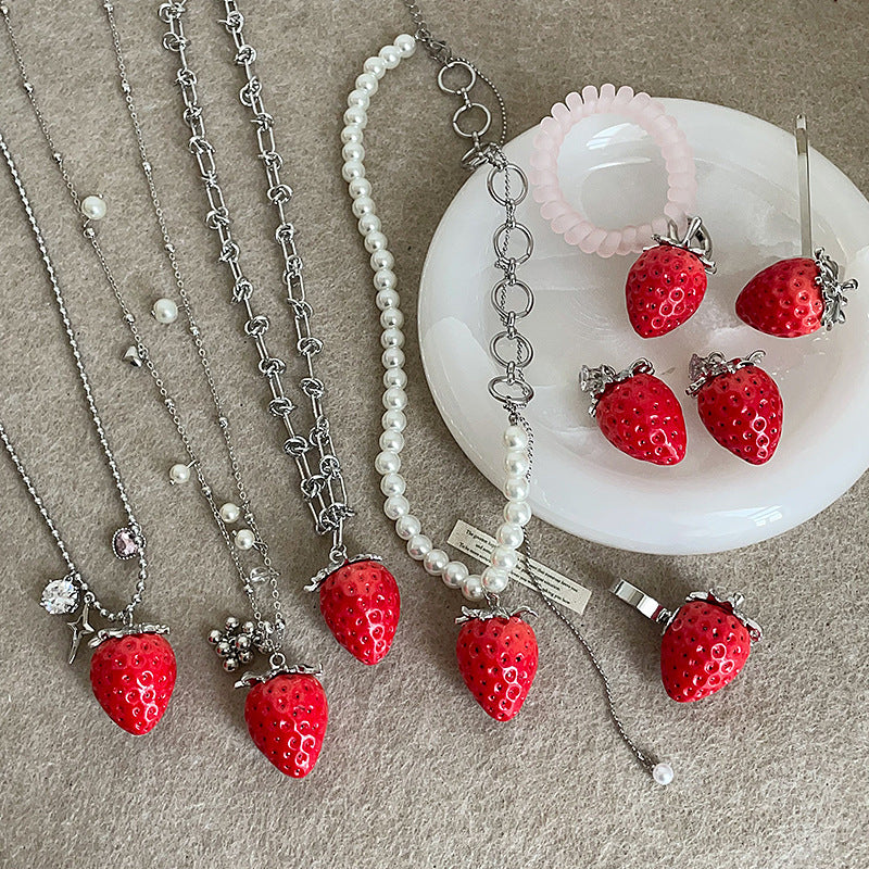Sweet Cute Red Artificial Strawberry Ear Female Exaggerated Unique Necklace