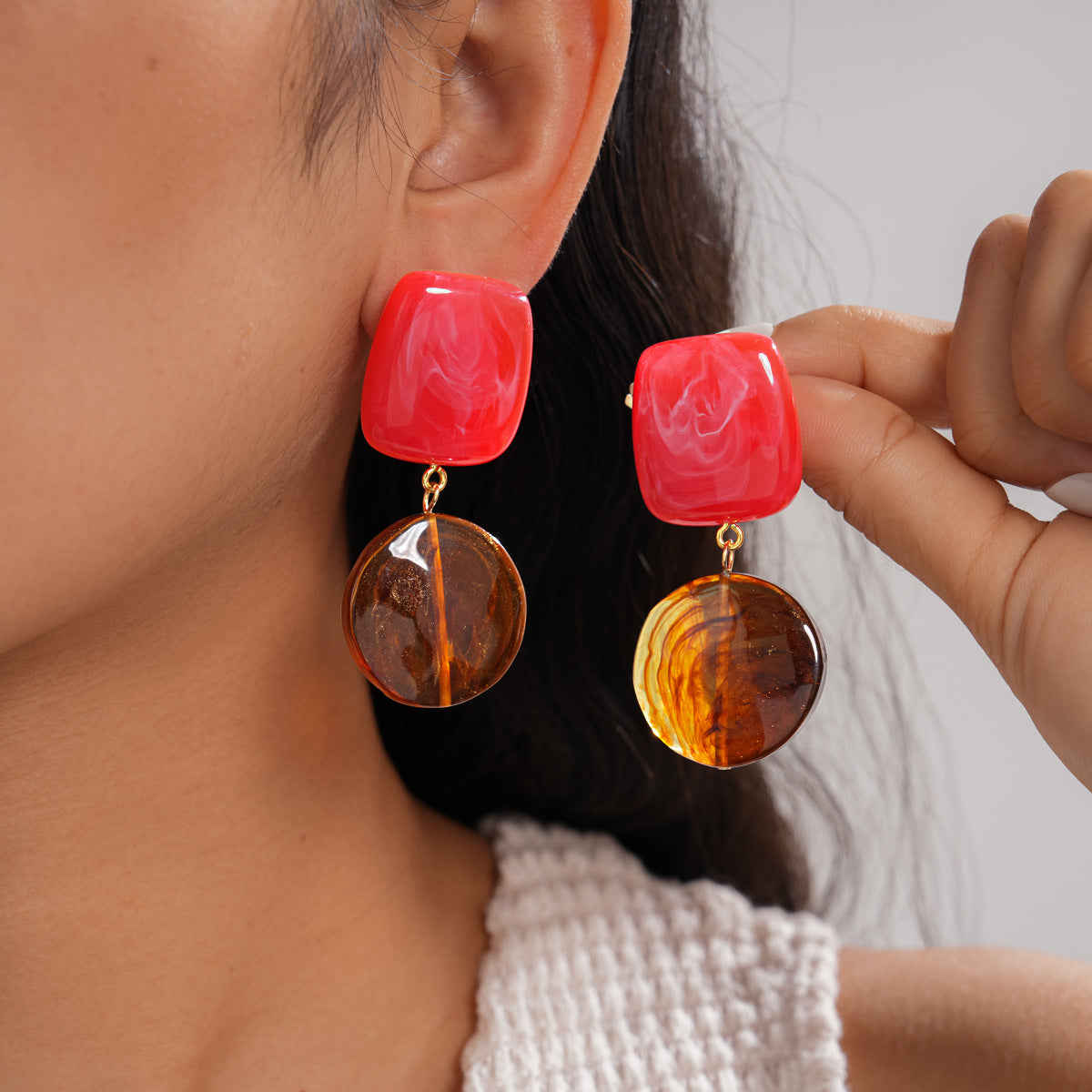 Retro Resin Square Round Sier Simple Earrings