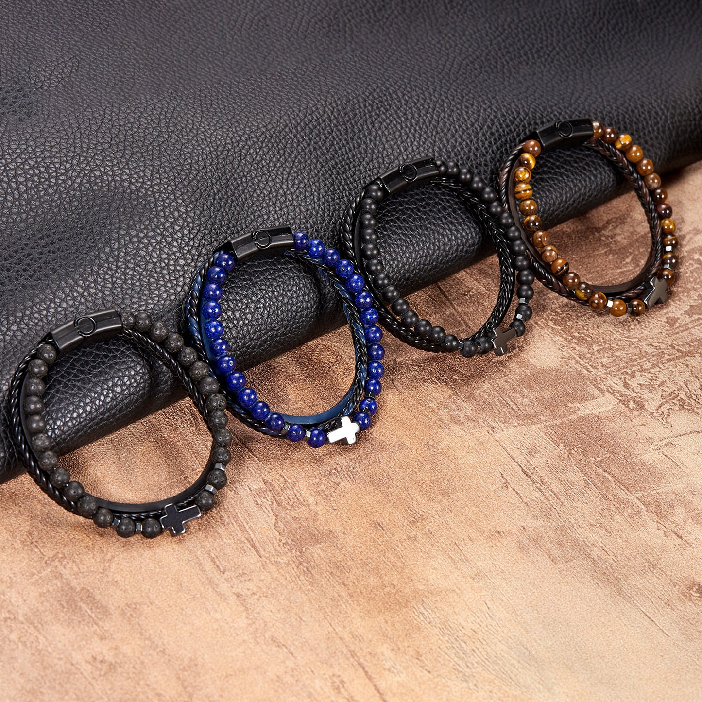 Stone Leather Obsidian Volcanic Rock Elements Bracelets