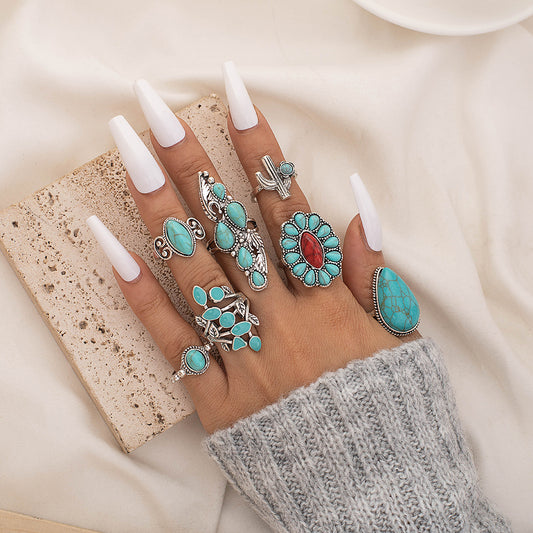 Vintage Bohemian Drop-shaped Carved Red With Hollow Design Turquoise Rings