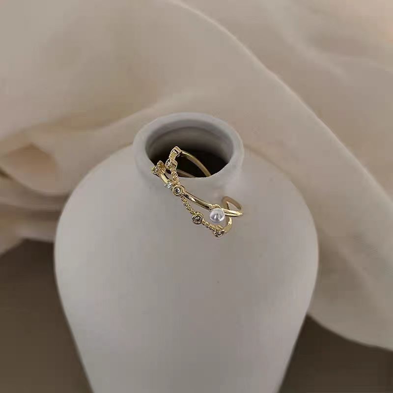 Simple Cross Pearl Female Niche Design Open Adjustable Index Finger Rings