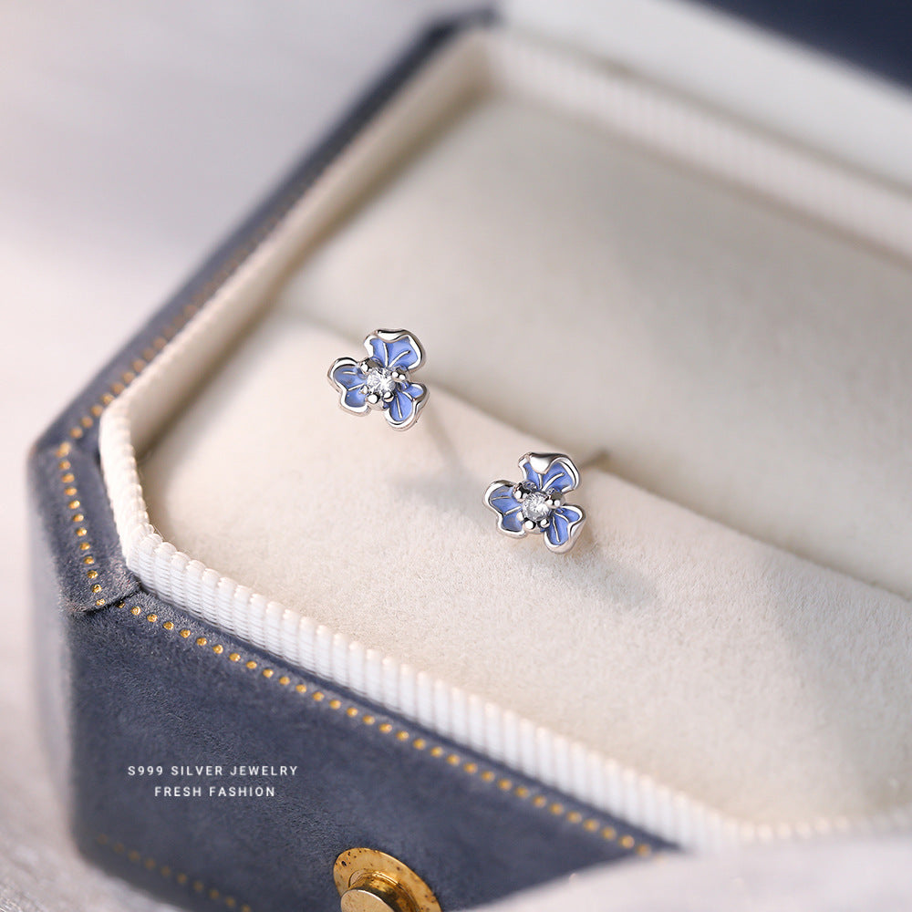 Women's Epoxy Blue Fresh Iris Flower Sterling Sier Korean Fashion Zircon Ear Line