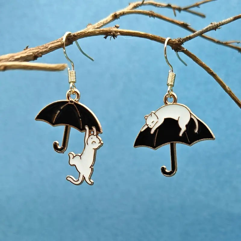 Elegant Cute Black White Cat Ear Umbrella Asymmetric Stud Earrings