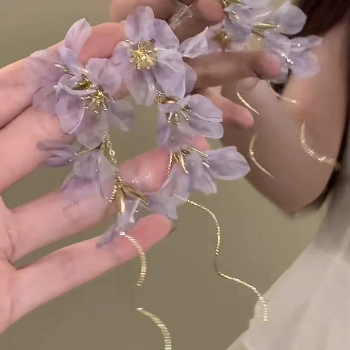 Super Fairy Gentle Purple Mesh Tassel Petal Female Exaggerated Long Earrings