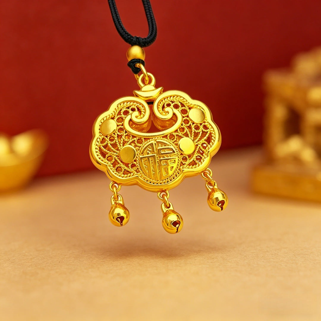 Longevity Lock Safety Hollow Bell Braid Rope Fu Female Golden Necklace