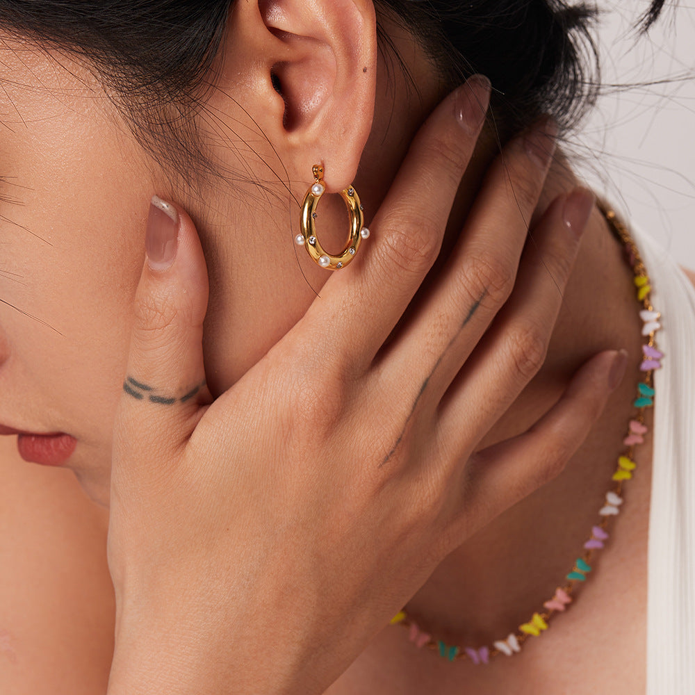 Women's Personalized Stainless Steel Hoop Inlaid Pearl Earrings