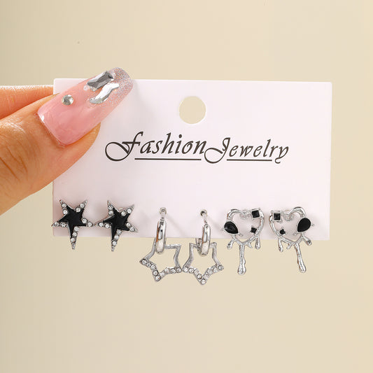 Cool Style Black Zircon Butterfly Pentagram Love Heart Three-piece Female Rings