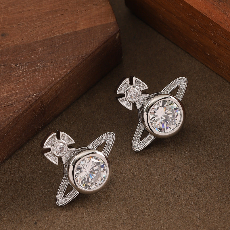 Full Rhinestone Zircon Queen Mother Saturn Light Luxury Simplicity Stud Earrings