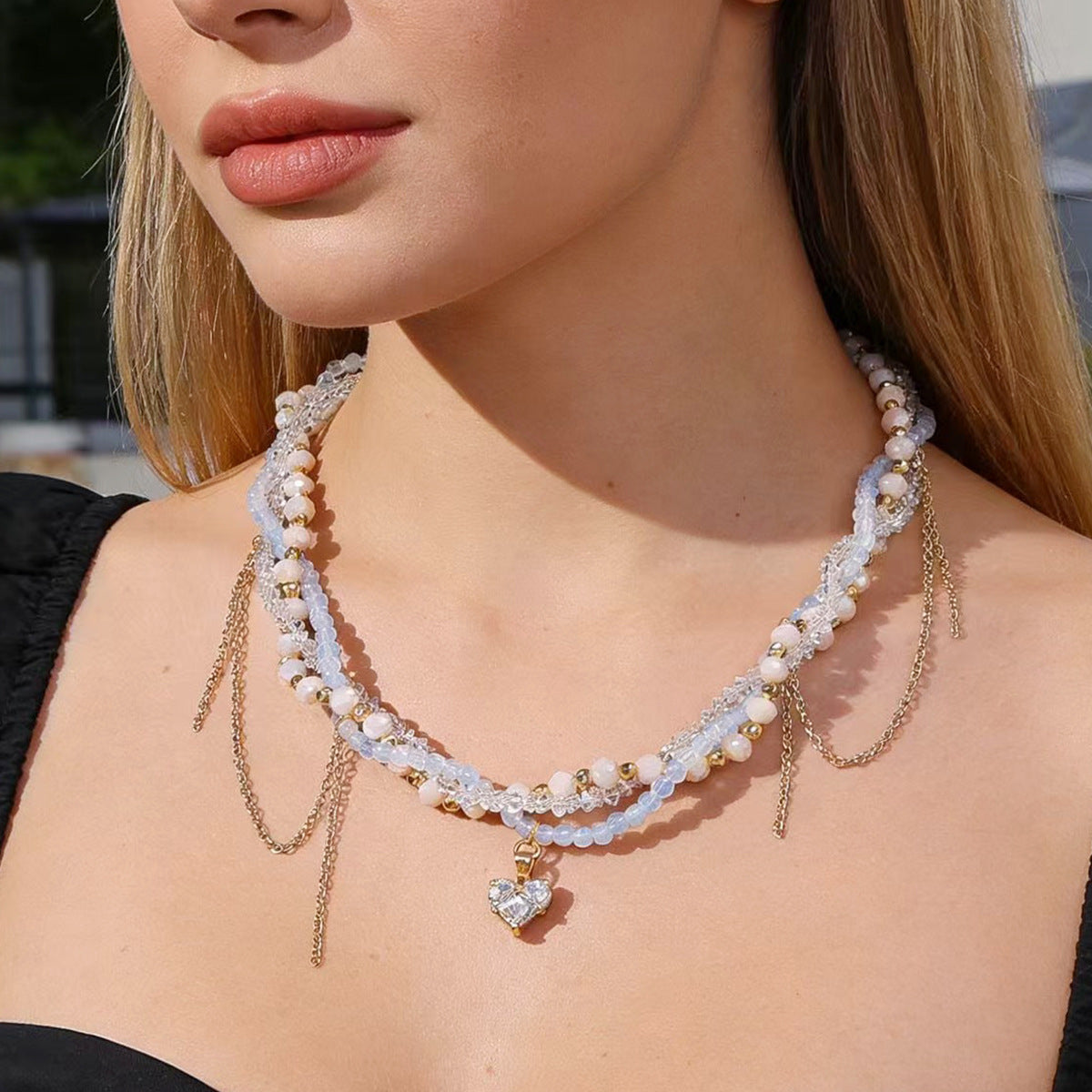 Lux Beaded Love Niche Design Twin Clavicle Chain Sweet Cool Necklaces