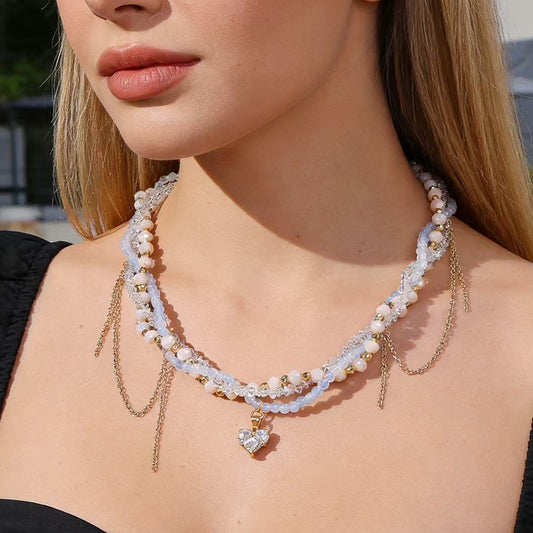 Lux Beaded Love Niche Design Twin Clavicle Chain Sweet Cool Necklaces