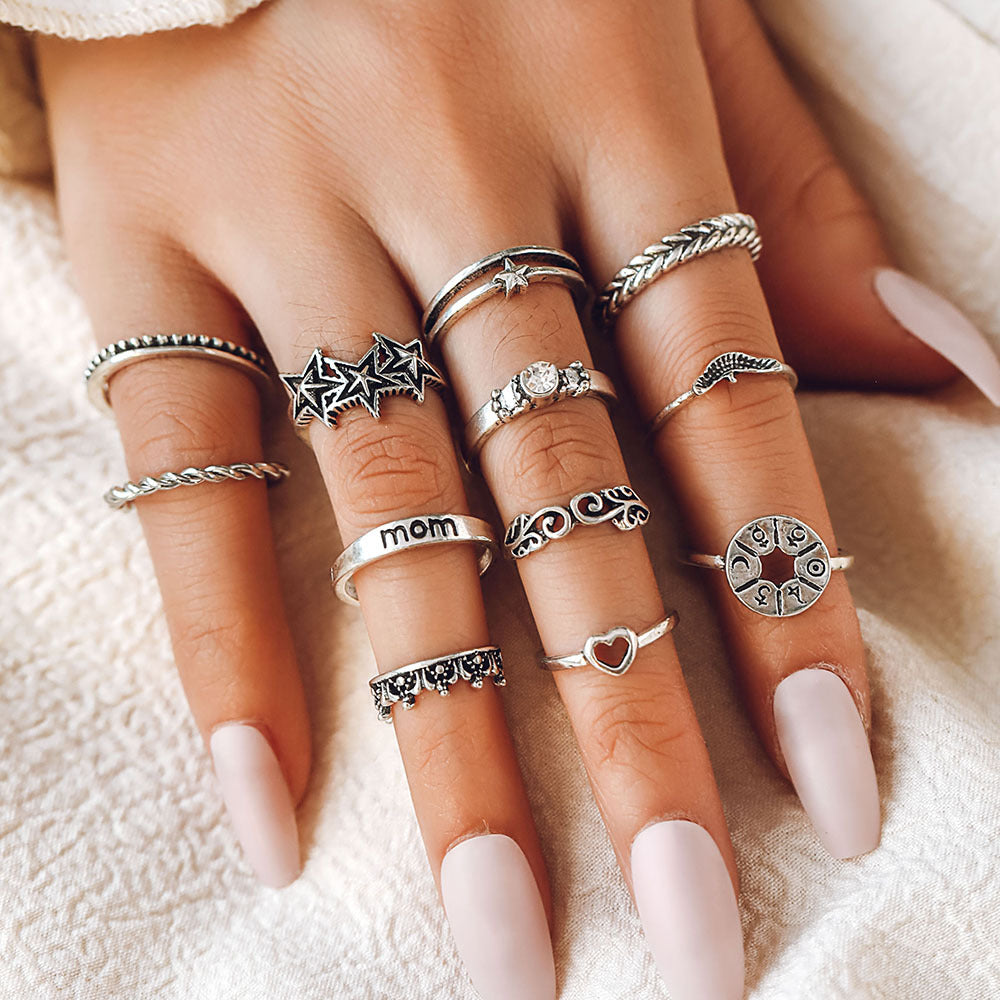 Fashion Compass Blackened Five-pointed Star Personality Crown Letters Assembly Rings
