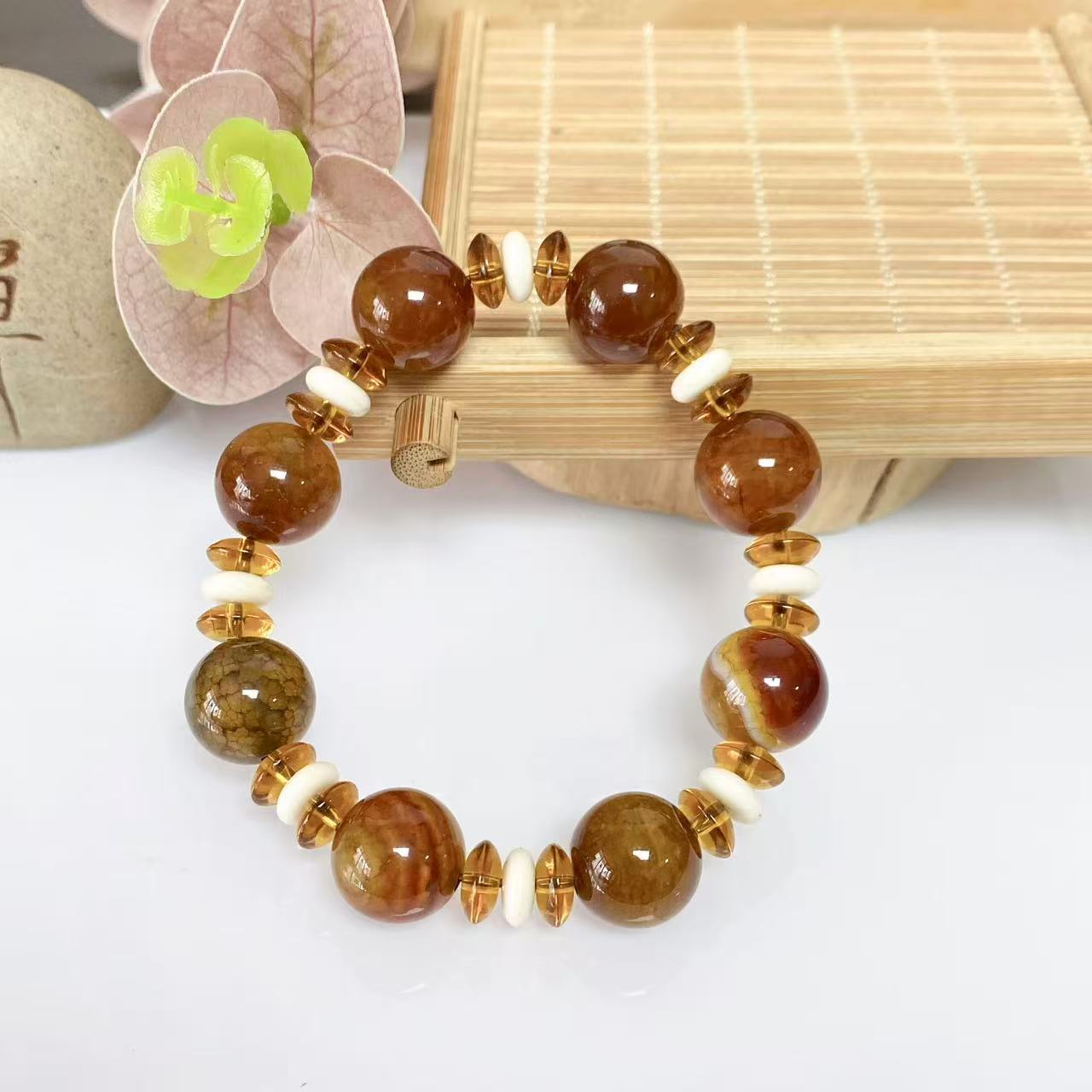 Women's & Men's Dragon Pattern Agate Single Circle Round Beads Life Scale Texture Bracelet