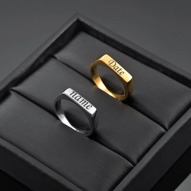 Women's Gold Flat Can Carve Writing Index Finger Titanium Steel Rings