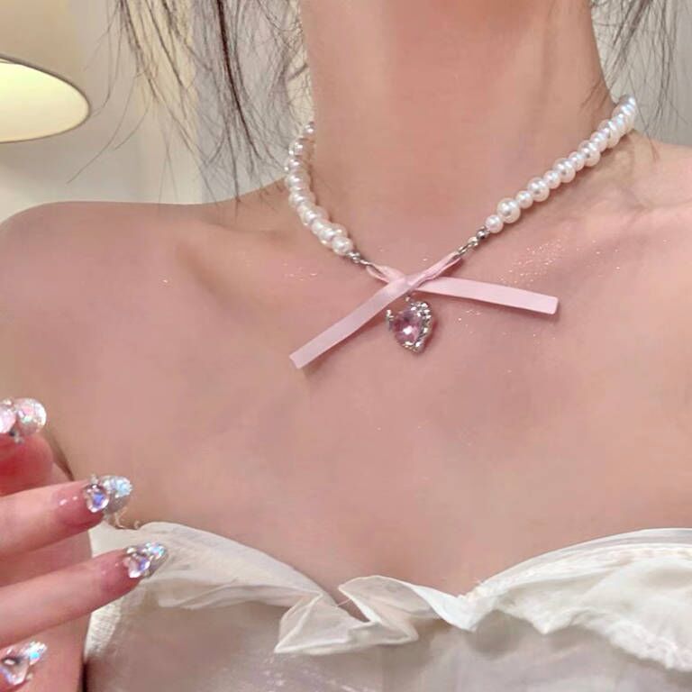 French Romantic Love Baroque Pearl Female Sexy Sweet Bow Necklace