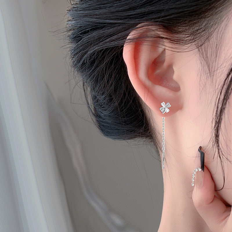 Pure Sier Diamond Clover Lines Long Before Sleep Female Four-leaf Earrings