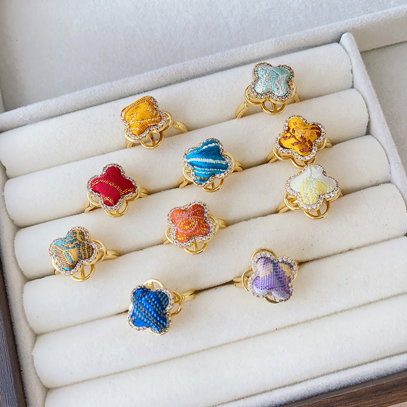 Style Song Dynasty Brocade Clover Rotatable Finished Delicate Rhinestone Copper Rings