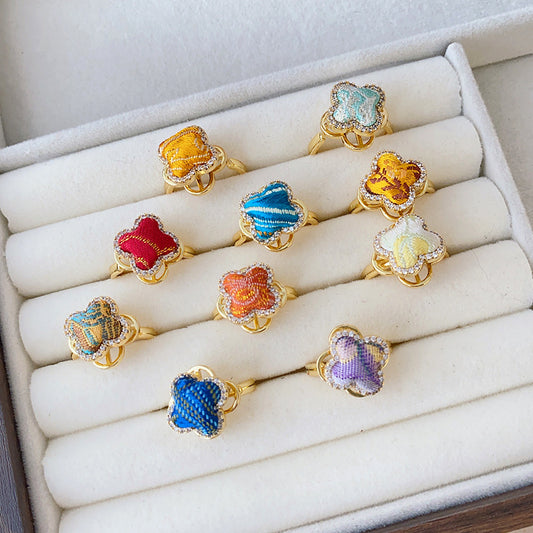Style Song Dynasty Brocade Clover Rotatable Finished Delicate Rhinestone Copper Rings