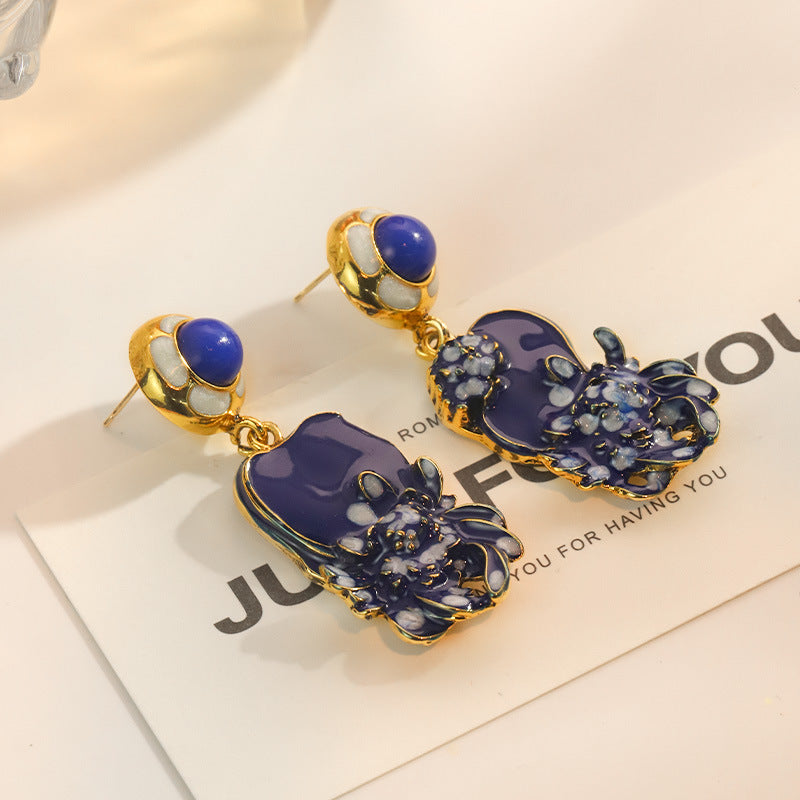 French Retro Asymmetric Flower Light Luxury Dripping Oil Geometric Earrings