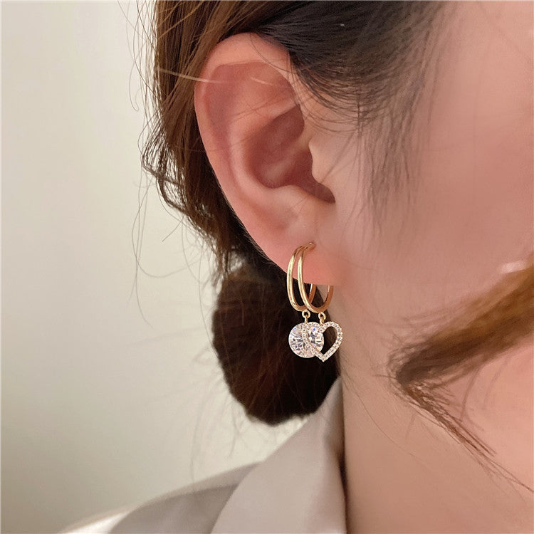 Double Circle Love Girly Temperamental Sier Needle Rhinestone Small Earrings