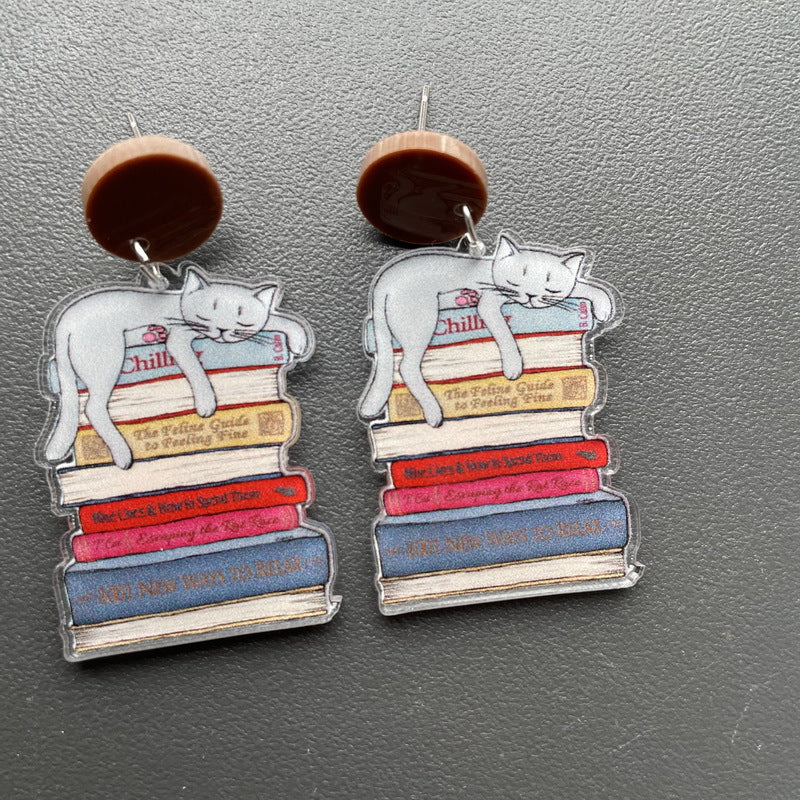 Character Book Tree Education Rainbow School Opening Cat Earrings