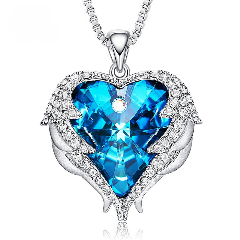 Ocean Heart Female Angel Wings Crystal Necklace