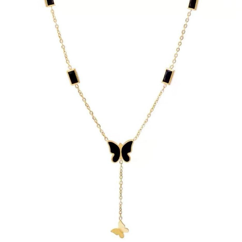 Women's Steel Black Butterfly Tassel Square Zircon Clavicle Necklace