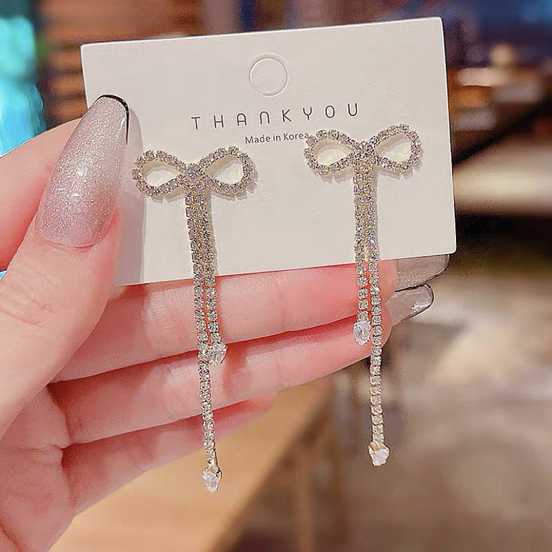 Women's Full Rhinestone Bow Long Fringe Sier Earrings