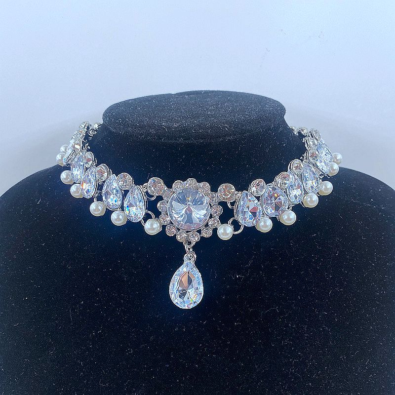 Dignified Metal Hollow Water Drop Gem Rhinestone Pearl Crystal Necklaces