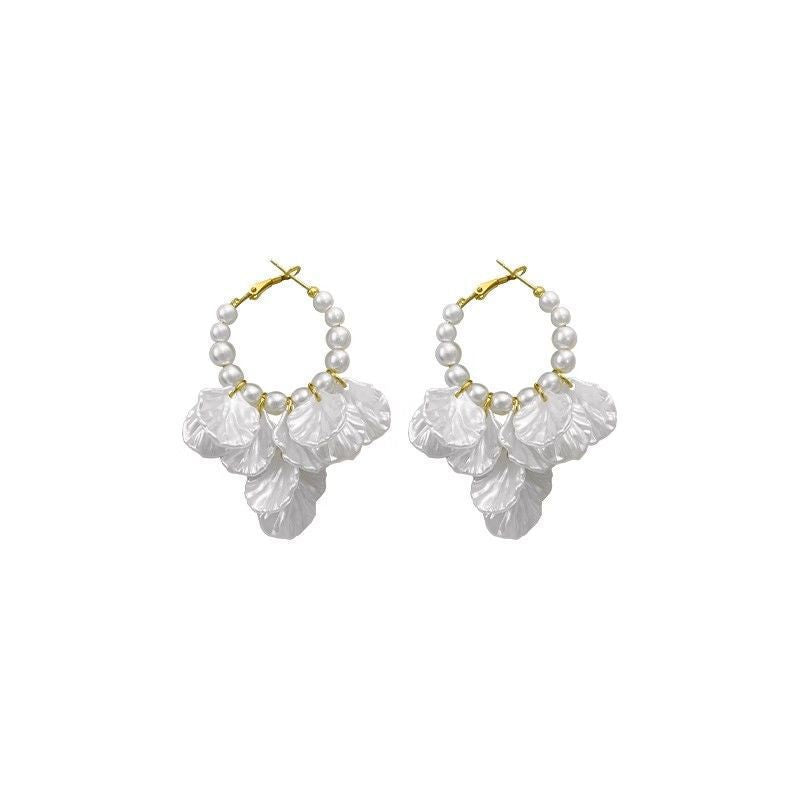 Petals Pearl Ethereal Design Long Tassel Ear Clip Rings