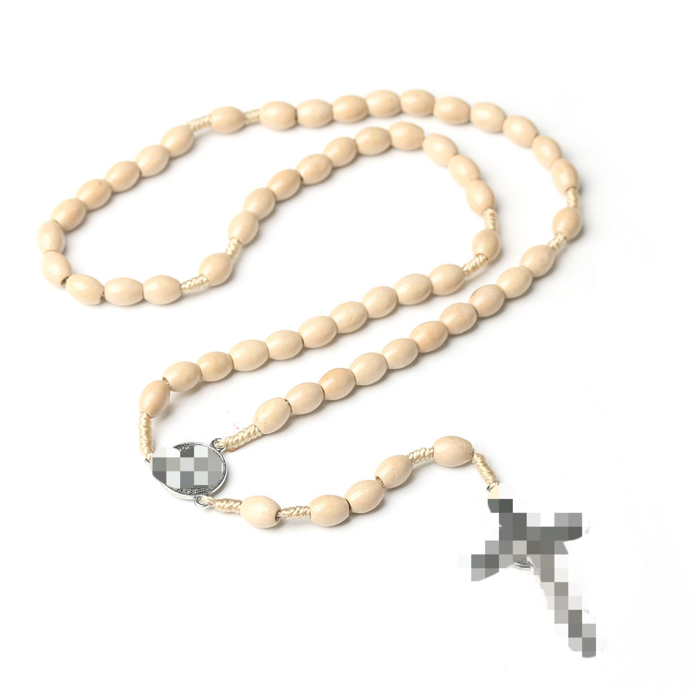 Cross Rosary Hand Knotted Wooden Bead Coffee Necklace