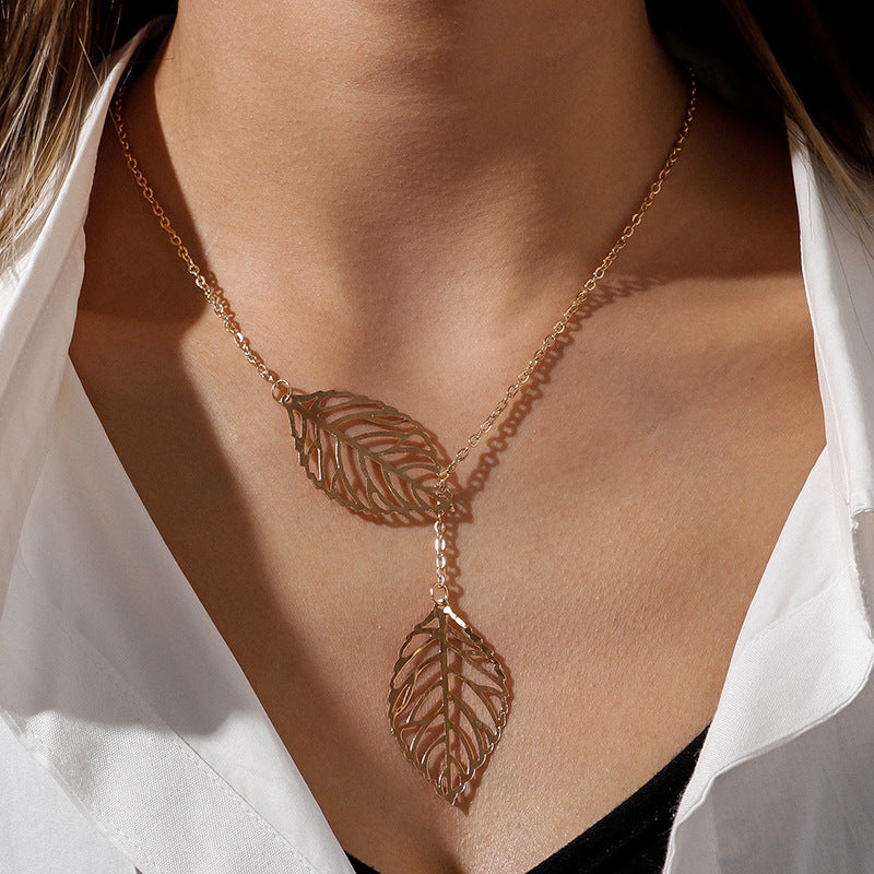 Fashion Trendy Mori Style Metal Leaves Double Necklaces
