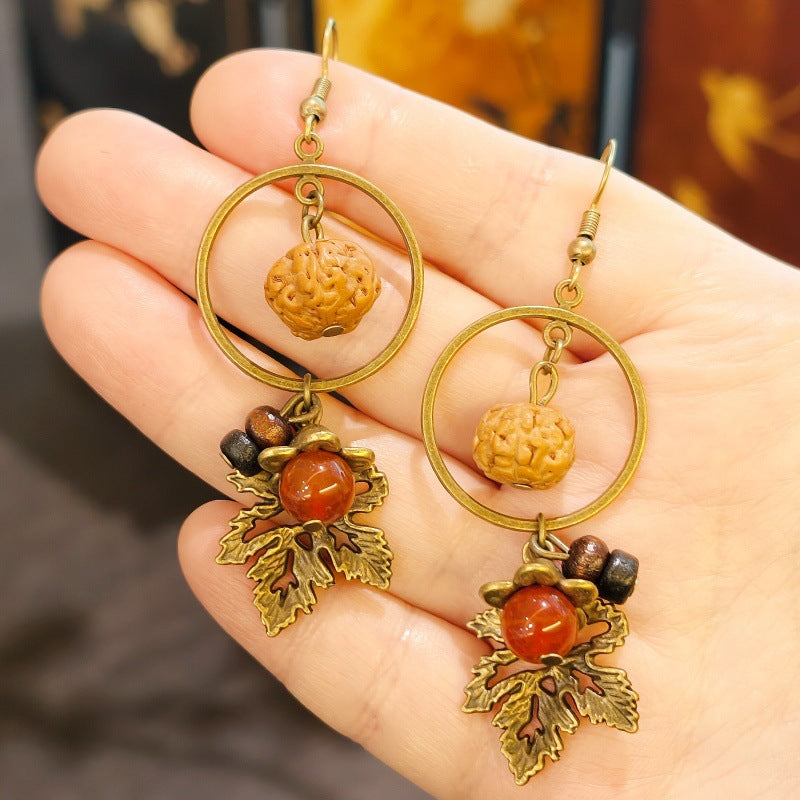 Palace Niche Exotic Plant Dried Fruit Maple Leaf Dangling Earrings