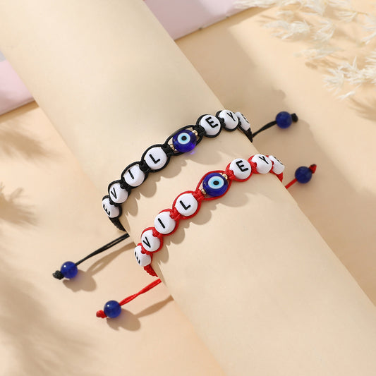 Personality Glass Devil Eye Letter Beaded Flat Bracelets