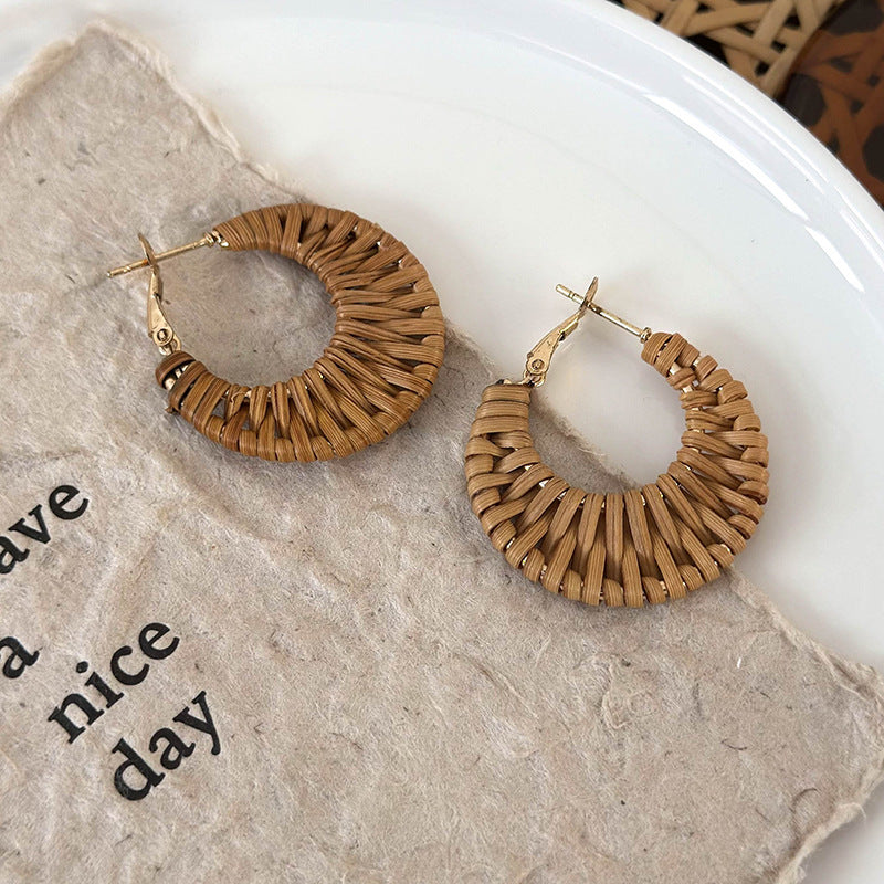 Women's Vacation Style Handmade Straw Woven Rattan For Seaside Graph Matching Earrings